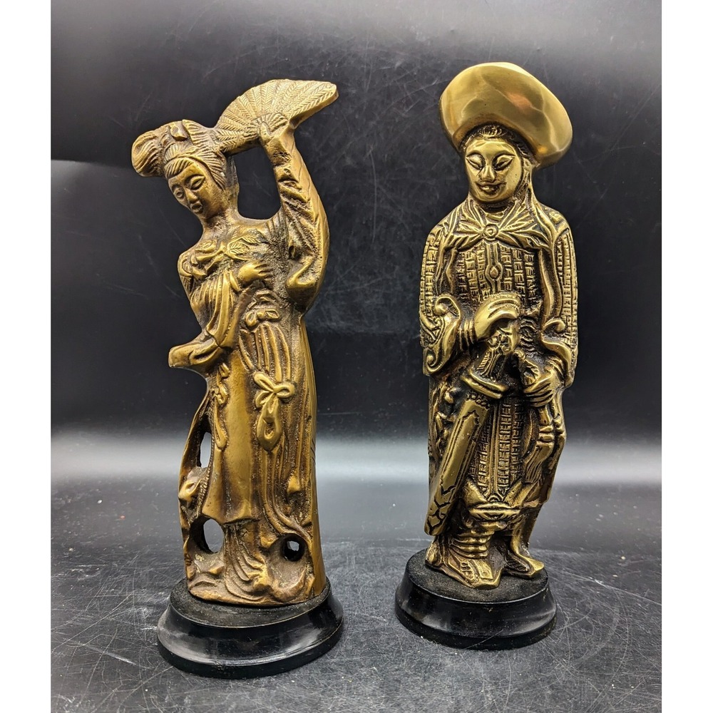 Set/2 Vintage Brass Statue Chinese Woman with Fan Man W/ Sword Asian Decor 10.5"